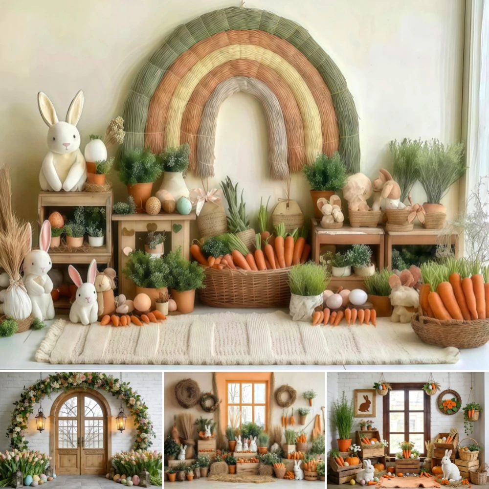 

Spring Easter Background Photo Indoor Window Bunny Carrot Arch Floral Kids Family Portrait Background Photography Decor Props