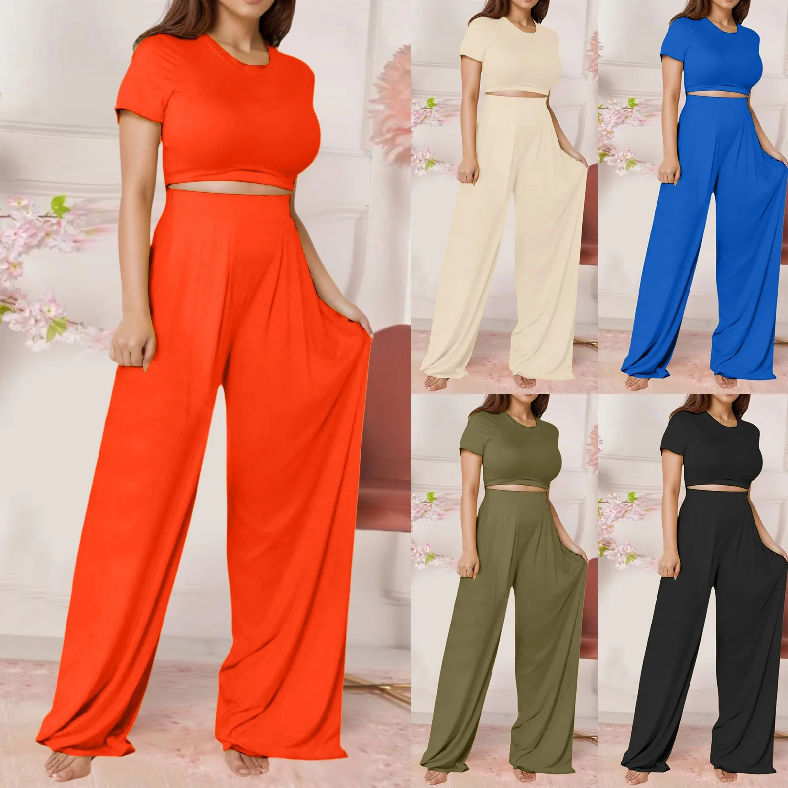 Plus Size Women'S Fashion Casual Wide Leg Short Sleeved Pant Suit Two Piece Set Slim Tops Solid Color Suits Streetwear 2024 New