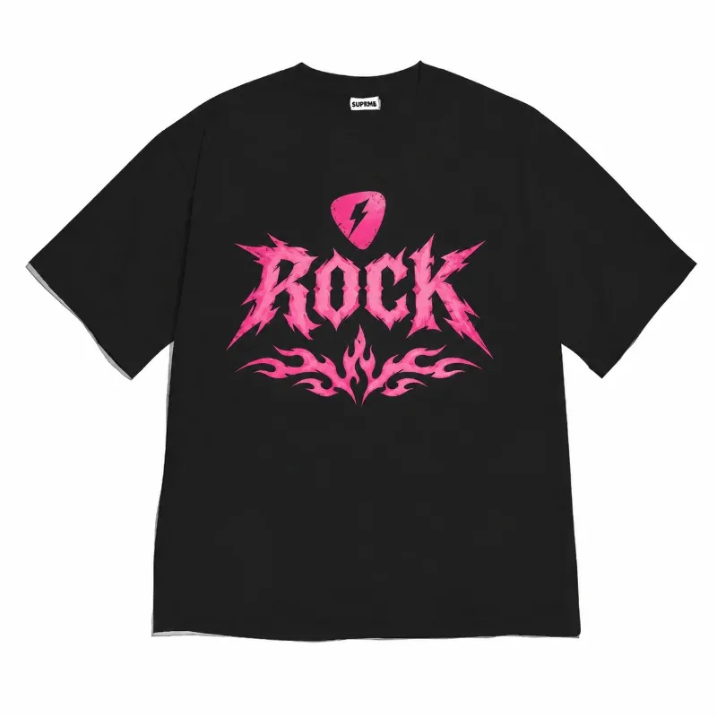 Rock Graphic T-Shirt Casual Pink Guitar Pick Flame Letter Print Tee Urban Streetwear Round Neck Short Sleeve Top Women's Summer