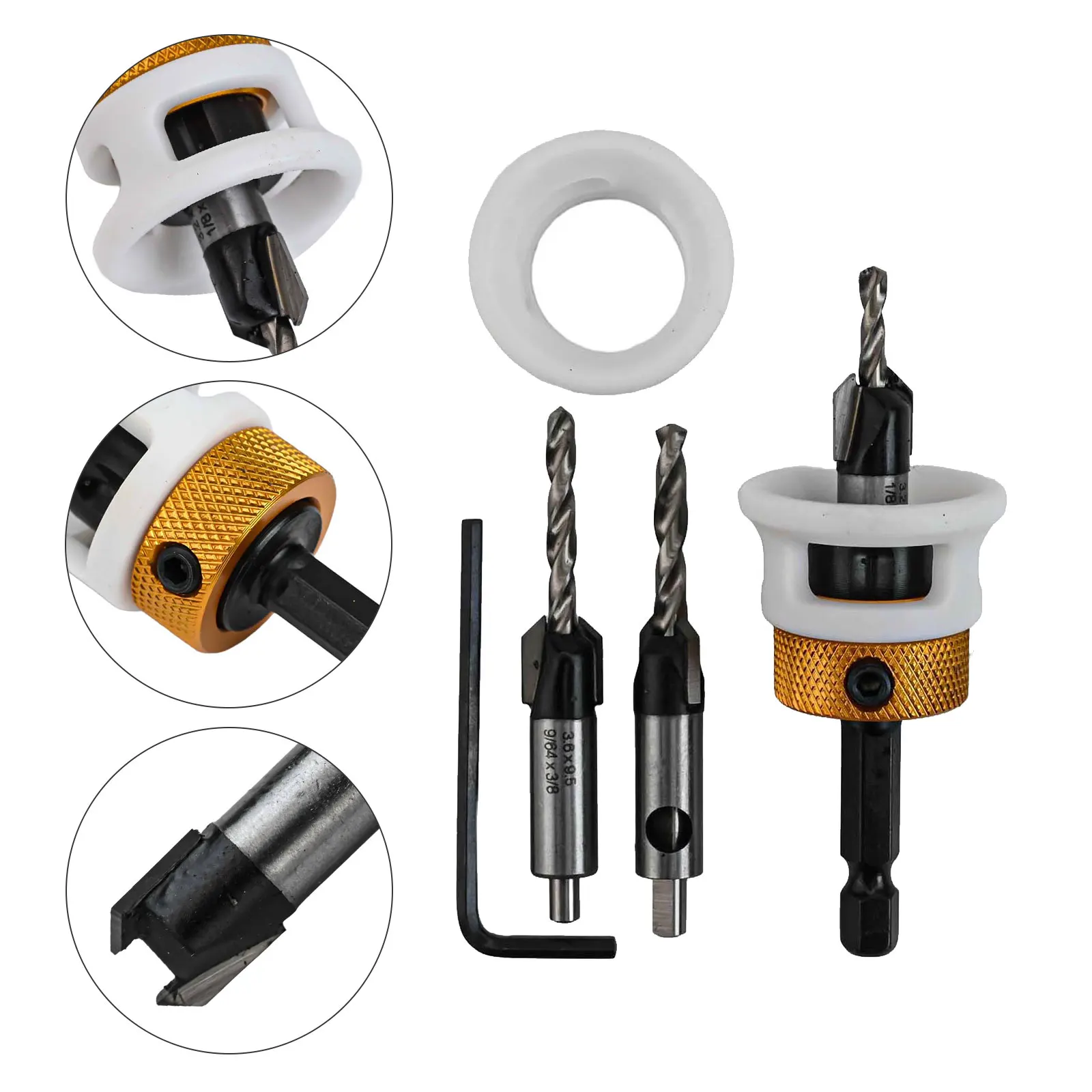 

DIY Projects Countersink Drill Bit Set Adjustable Depth Stop 3-piece Drill Bit Set Compact Design Extra Free-spin Collar