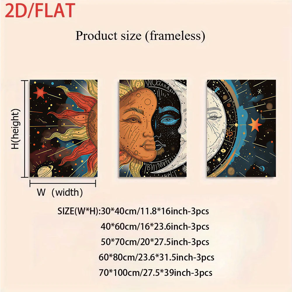 3PCS Frameless,1 set of three-panel frameless paintings of the sun, moon, and stars; modern abstract starry sky mural; 2D flat d