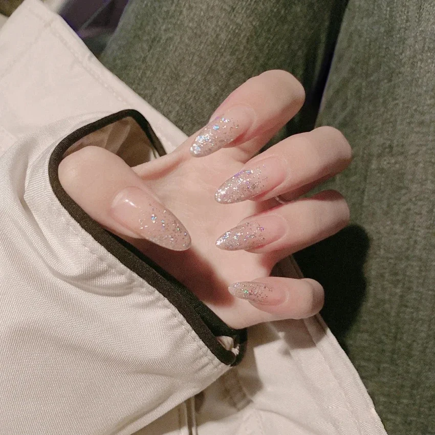 24PCS/set Medium-length Almond Acrylic Shiny Wearable Fake Nails Finished Product Full Coverage Removable Press on Nails Art Tip