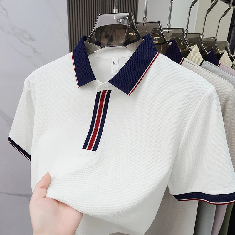 Men's Premium Polo Shirt Business Casual Silky Smooth Wrinkle-Free Short Sleeve Top Office Work Essential Elegant Daily Wear