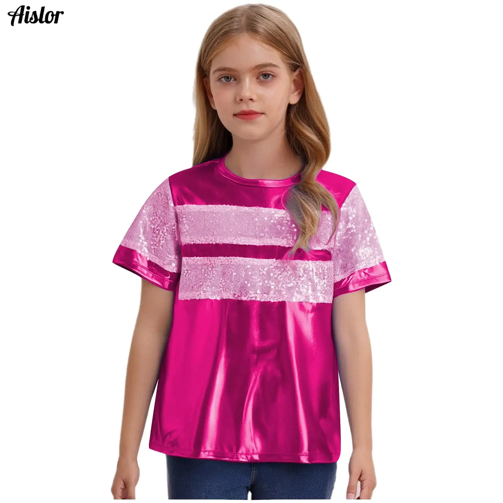 

Girls Boys Metallic T-Shirt Short Sleeve Shiny Sequins Patchwork Tops for Hip Hop Disco Jazz Dance Stage Performance Costumes