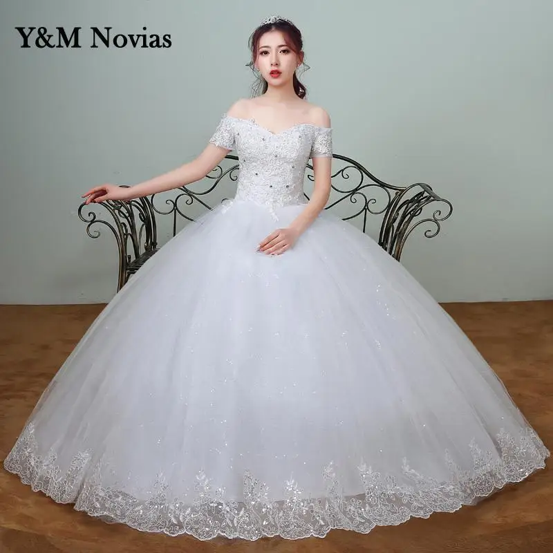 Off Should White Wedding Dress 2025 New Korean Style Lace Appliques vestidos de noiva Boat Neck Bridal Dress Custom pluse size