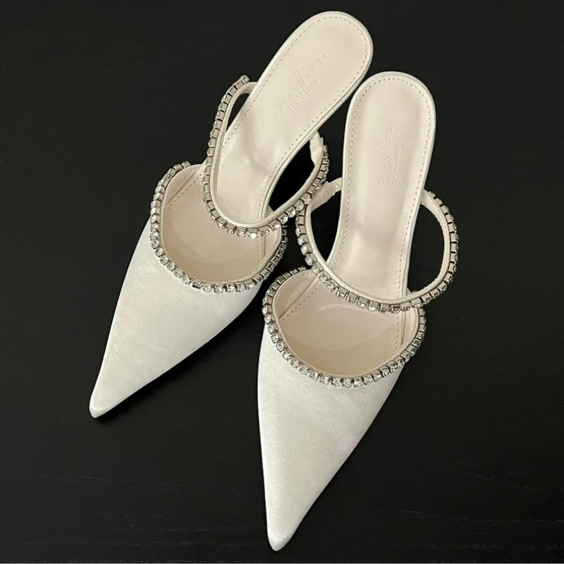 Luxury Rhinestone Designer High Heels Slippers Women Satin Pointed Tou Dress Shoes Summer New Fashion Slingback Sandals Women