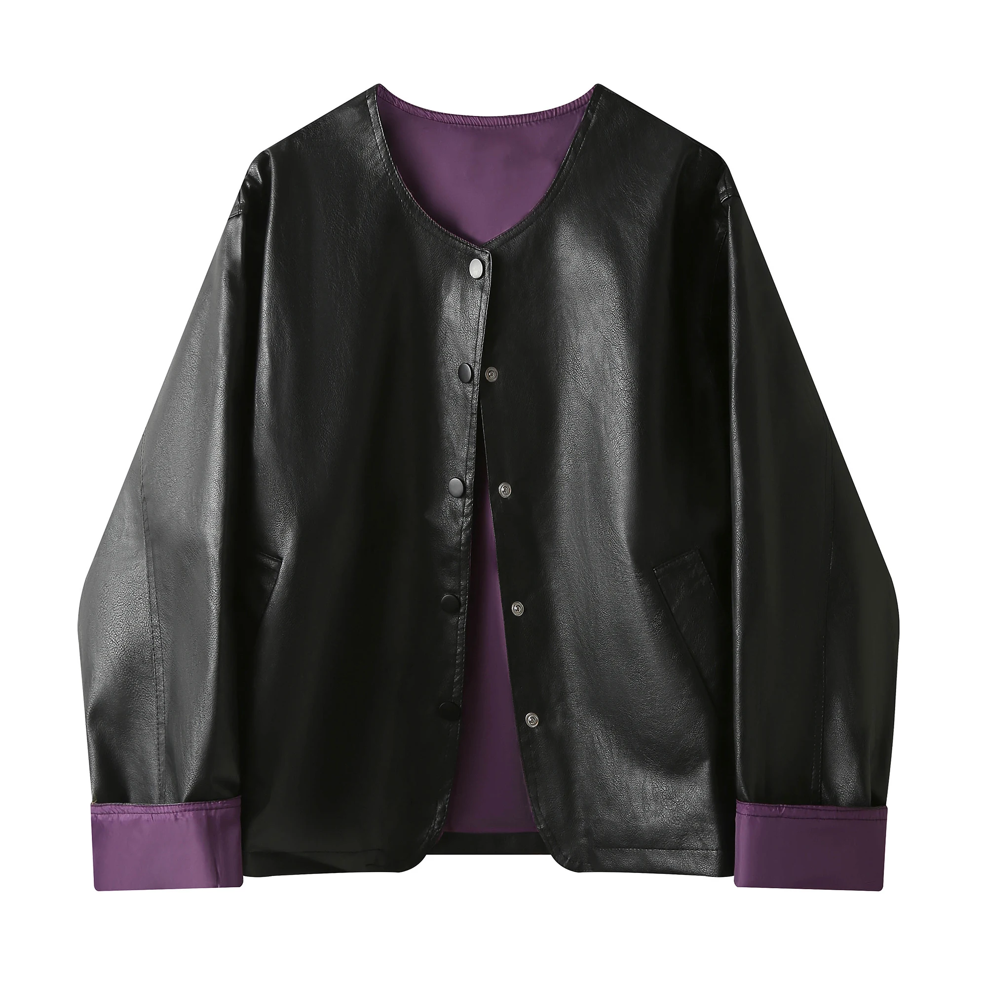 Damska kurtka retro ze skóry PU, okrągły dekolt, kolor blokowy, odzież wierzchnia, długi płaszcz jesieni, modny styl, Dr Qing a Po