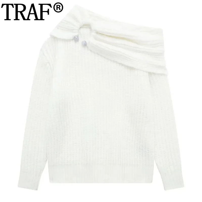 

TRAF White Knitted Sweater Women Pullover Off Shoulder Asymmetric Short Sweaters For Women Autumn Winter Long Sleeve Knit Top