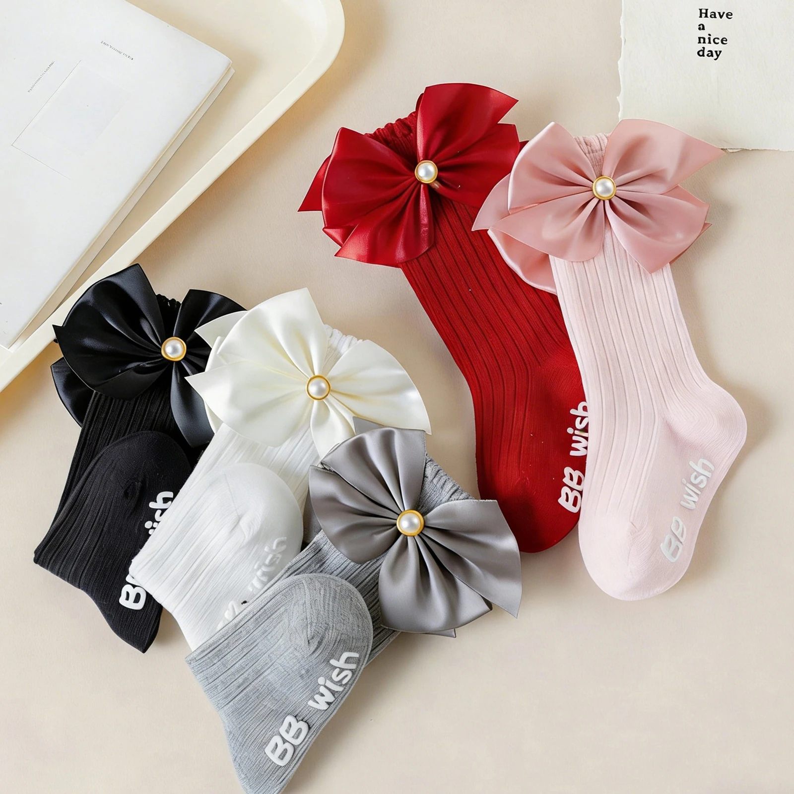 

Toddler Baby Girls Princess Socks Soft Breathable Bow Decor Long Stockings Knee High Socks for Spring Summer