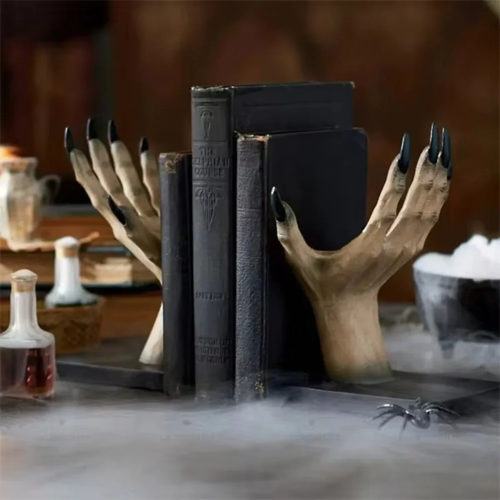 Halloween Hand Book Stand Resin Statue Bookshelf Scary Party Tabletop Home Decoration Witch Book Holder Bookcase Bedroom Desk