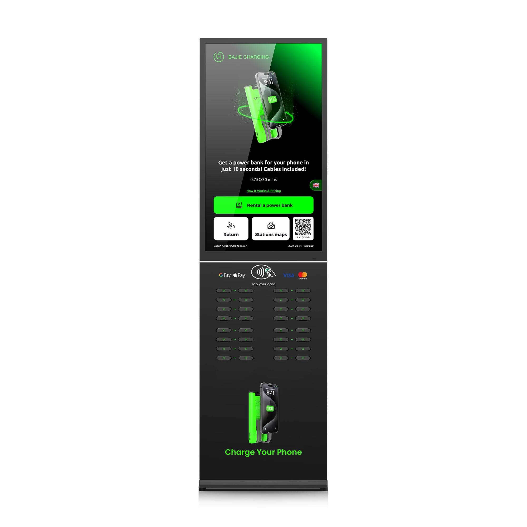 Shared charging station with 32 slots, 43-inch touchscreen, built-in POS, swipe capability, and multiple rental options