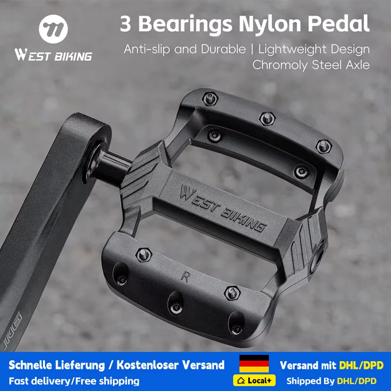WEST BIKING 3-Lager-Nylon-Pedale, Ultraleicht, Langlebig, Rutschfest, Chromoly-Stahl-Achse, Fahrradpedale für MTB und Rennrad, Gedichtete Lager