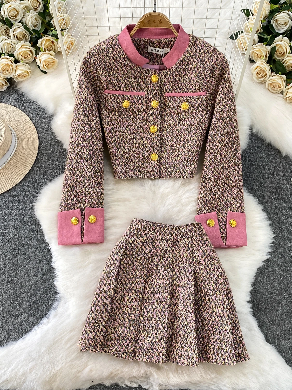 

Ele Ladylike Твидовый лоскутный воротник-стойка Jaet Роскошный металлический синий топ-бот Комплект юбки или плиссированная молодежная повседневная юбка...