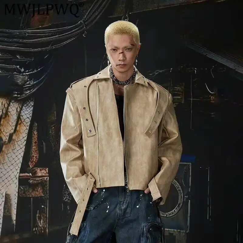MWJLPWQ Dark Deconstructed Patchwork Leather Jacket Trendy Men's Streetwear Washed High-End Feel Tops 2026 Spring Autumn 15031