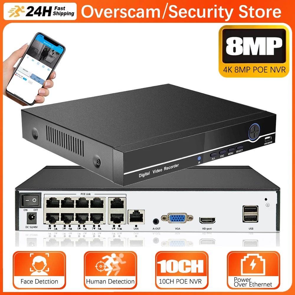 

10-канальный видеорегистратор Xmeye 4K 8MP PoE NVR для домашней системы видеонаблюдения, 8-канальная запись 24/7, H.265, с функцией распознавания лиц