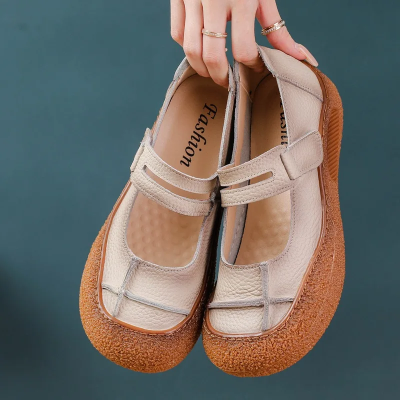 

Женские удобные туфли на плоской подошве из натуральной кожи, полые туфли Мэри Джейн, модные легкие мягкие туфли на крючках для медсестер, женские мокасины с ремешком