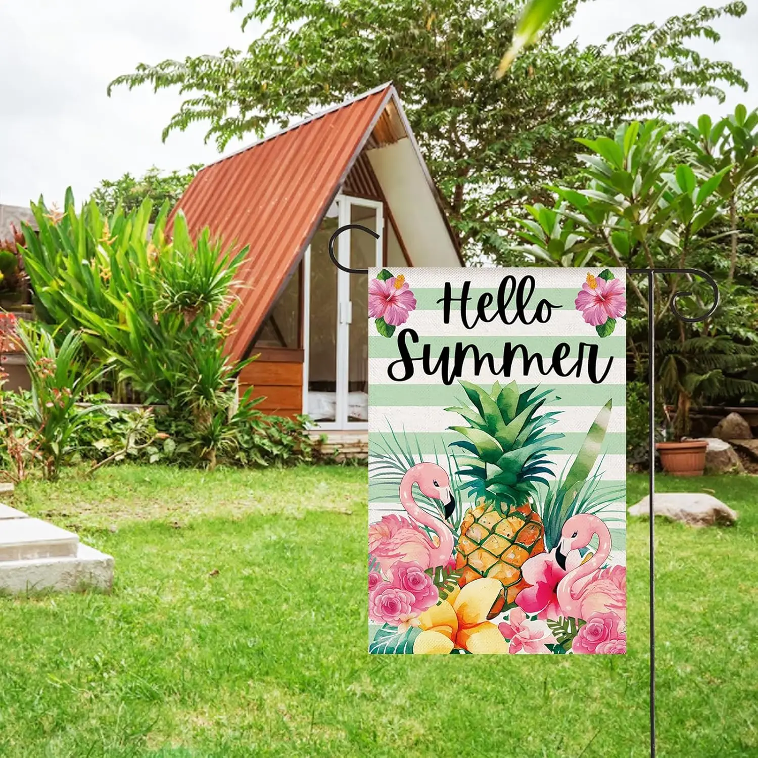 Hello Summer Garden Flag for Outside 12x18 Inch Flamingo Pineapple Tropical Floral Double Sided Welcome Stripes Small Yard F MMZ