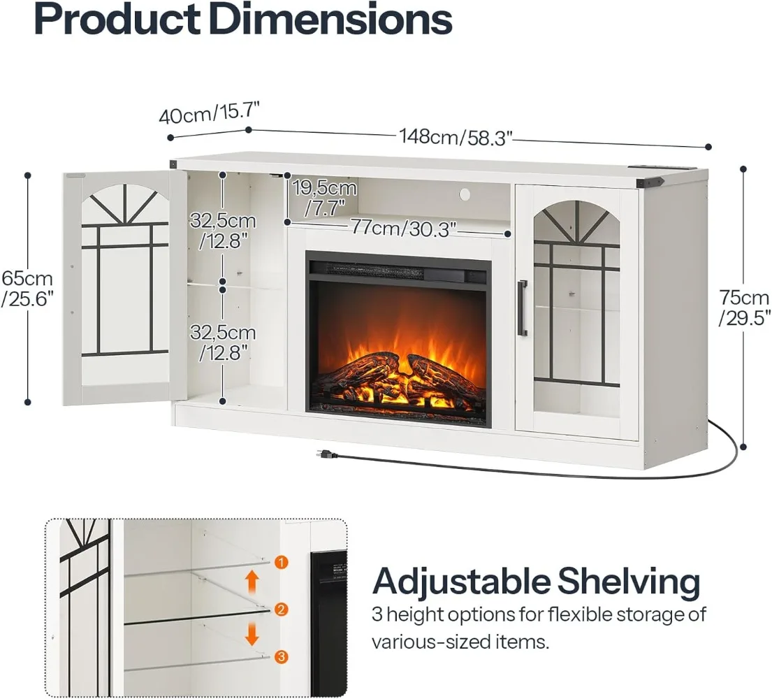 Fireplace TV Stand with Power Outlets and Led Light for 45/50/55/60/65 inch TVs, Modern Entertainment Center Console