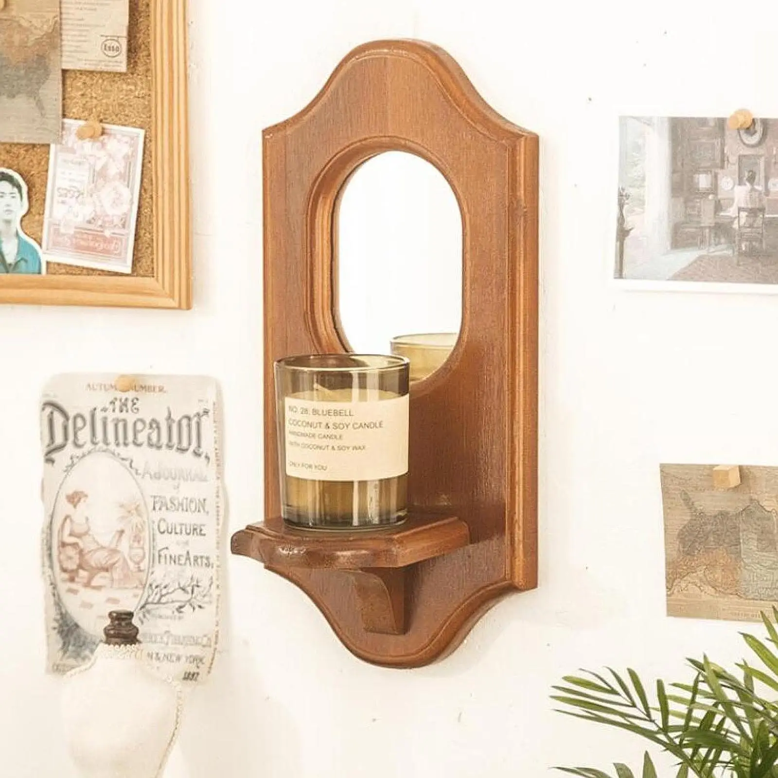 Wall Mount Mirror Wood Frame with Sconce Wall Art Rustic 33x15.5cm for Entry Way Accessories Sturdy Versatile Easily Install