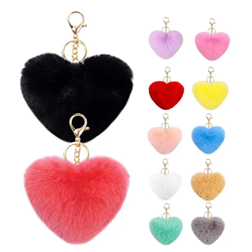 

12 Pcs Heart Shaped Pom Pom Keychain Fluffy Artificial Fur Car Ring Crafts Pendant Backpack Accessories Cute Keyring Gifts