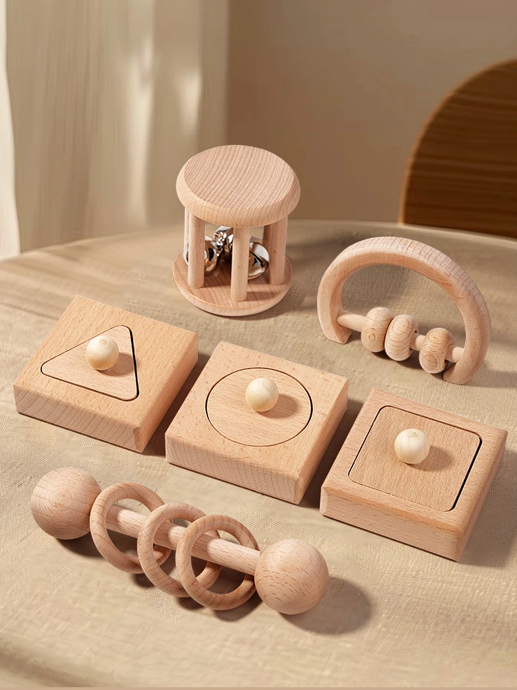 Ensemble de hochets pour bébé en bois, 6 pièces, en hêtre, écologique, jouet de dentition pour bébé de 1 à 3 ans, cadeau