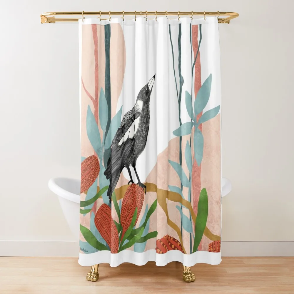 

Australian Magpie amongst Banksia Flowers Shower Curtain Waterproof Shower Anime Shower Transparent Bathroom Curtain
