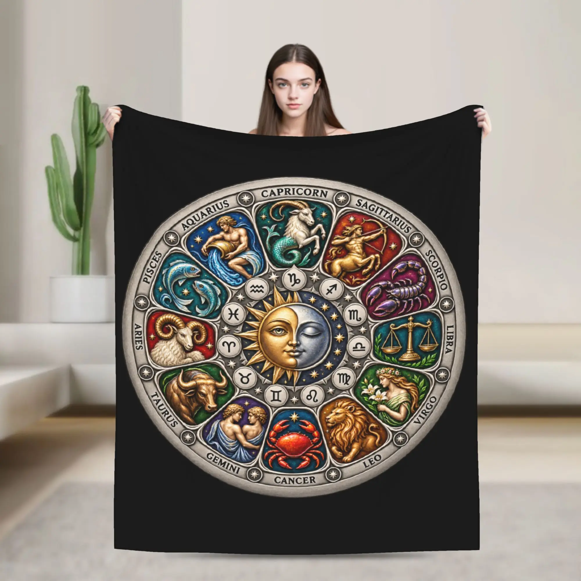 Soft Warm Blanket 12 Zodiac Wheel Signs Astrology Sun Moon Astrology Lovers Throw Blanket Flannel Bedspread For Home Decor