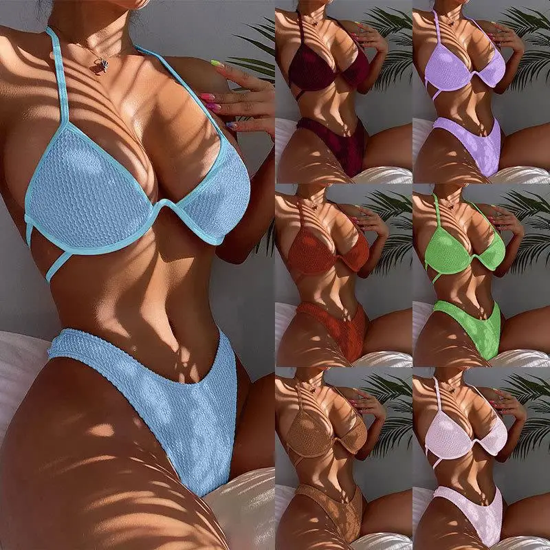 Women's Plain Textured Halter Push Up High Cut Bikini Female Straps Swimsuit Triangle Two-piece Sexy Bikini Beach Swimwear
