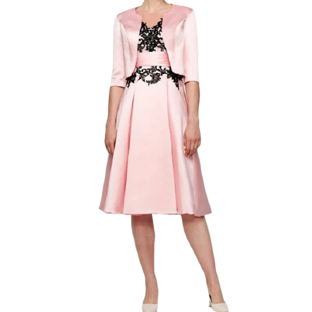 Customized Pink Satin Mother of the Bride Dress Black Lace Accents Tea Length 3/4 Sleeve Jacket Formal Gown Knee Length Short