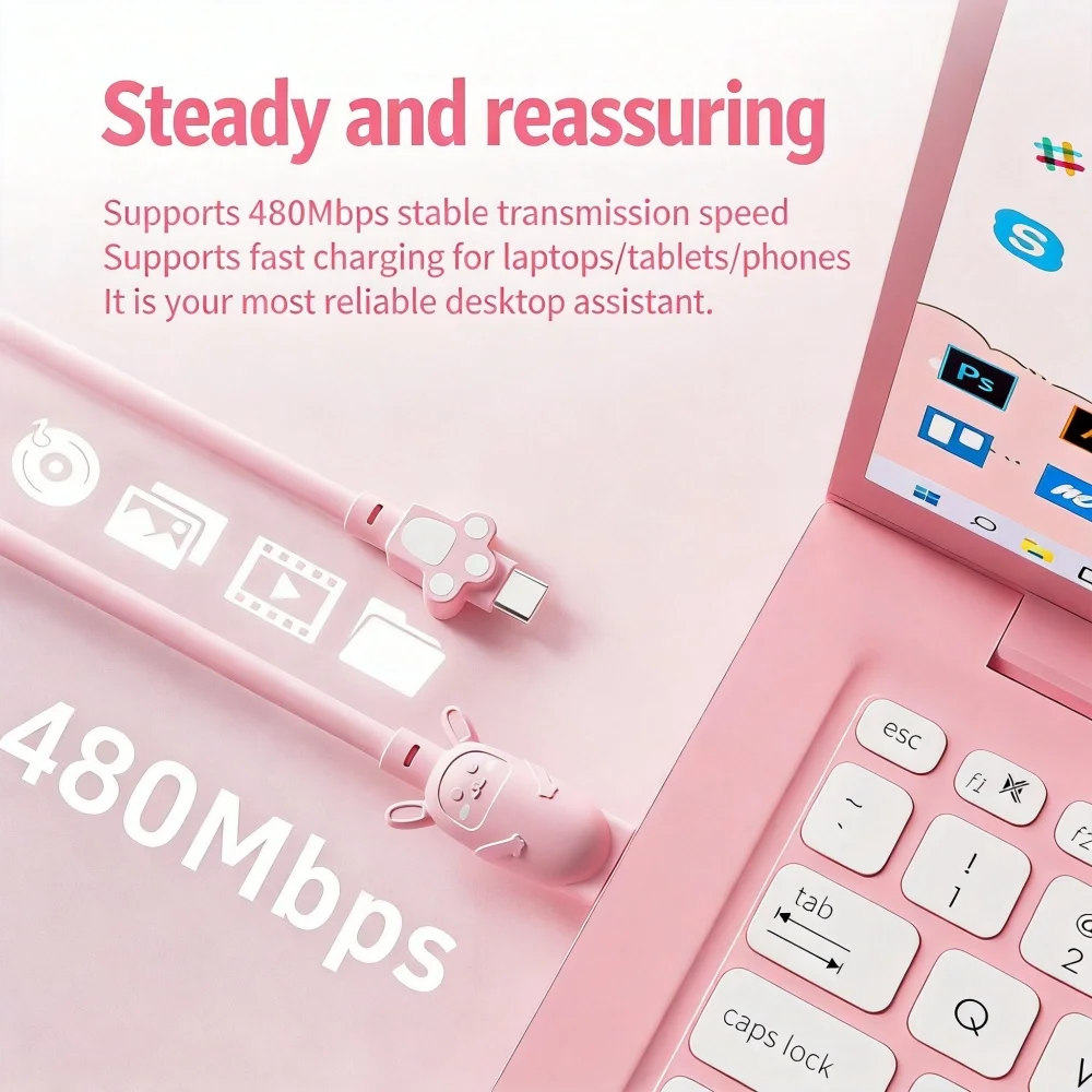Cute Rabbit 65W USB A to Type C Fast Charge Cable Kawaii Cat Paw Tip Reinforced Bend-resistant Charger Cord for Smartphone Table