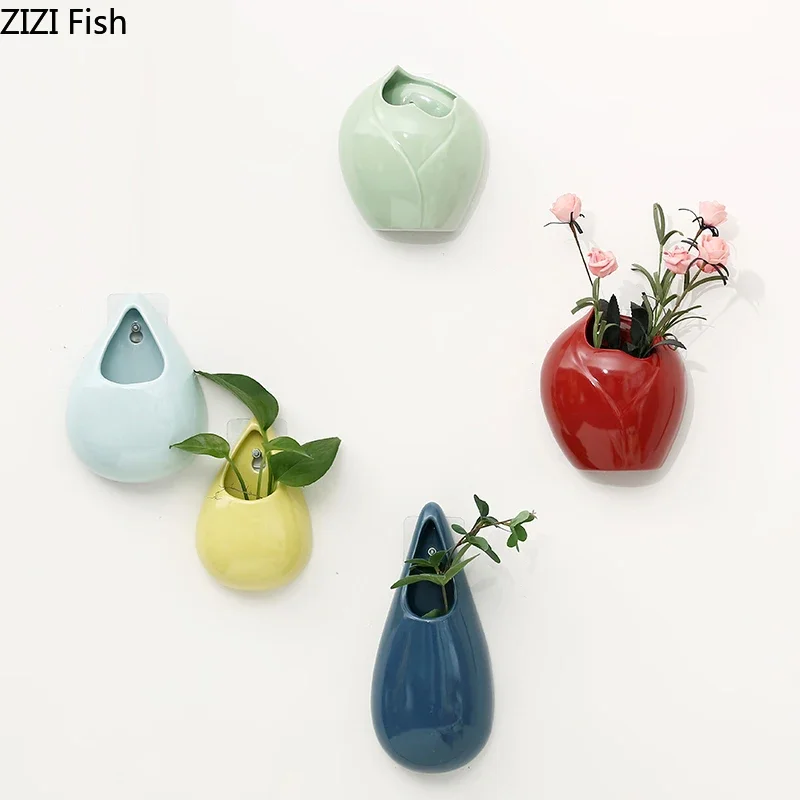 Ceramics Wall Hanging Vases Water Drops Wall Vase Ornaments No-punching Hydroponics Flower Insert Room Background Home Decor