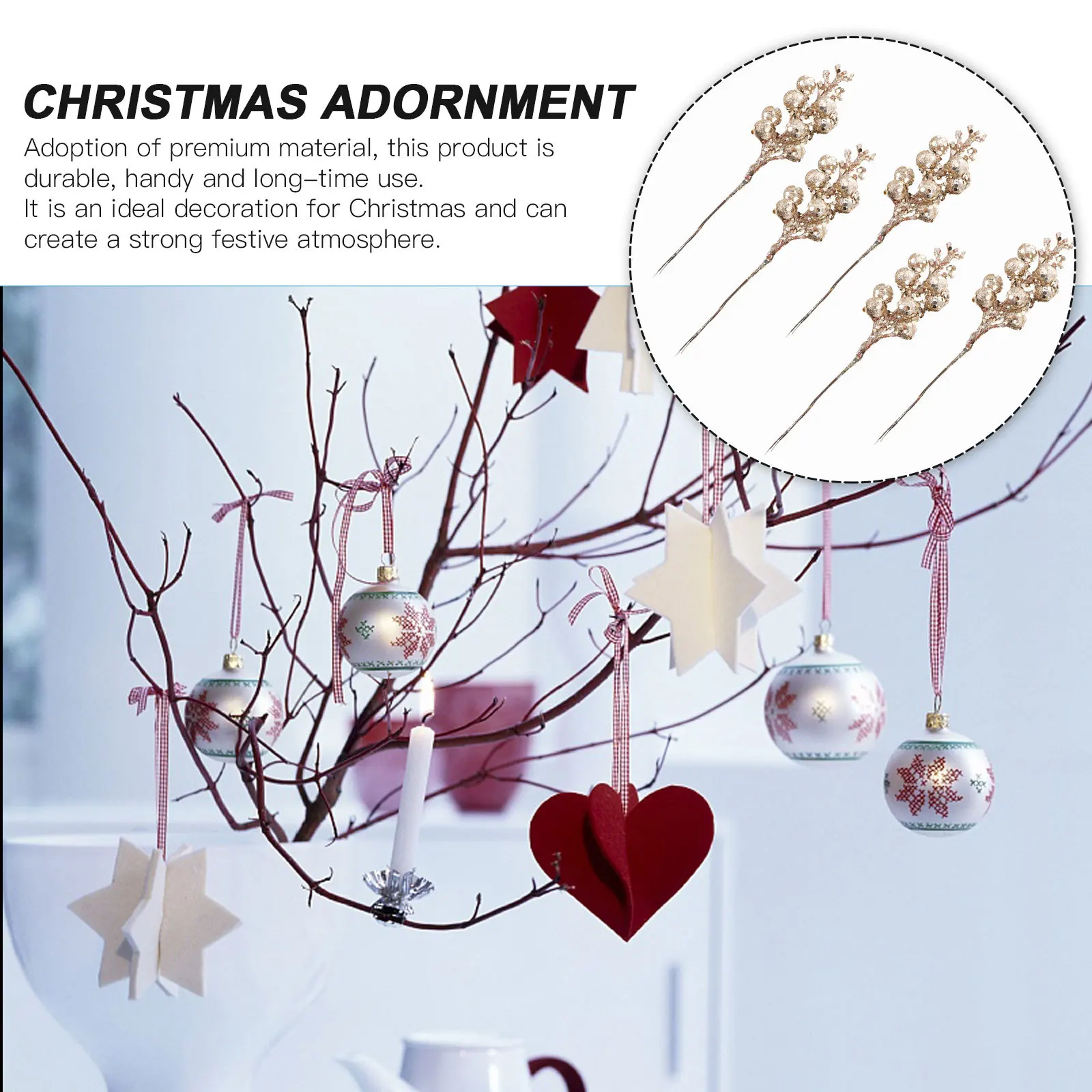 

5Pcs Christmas Decor Branches Realistic Xmas Adornment Twigs for Tree Centerpiece Bouquet Holiday Event Photography Props