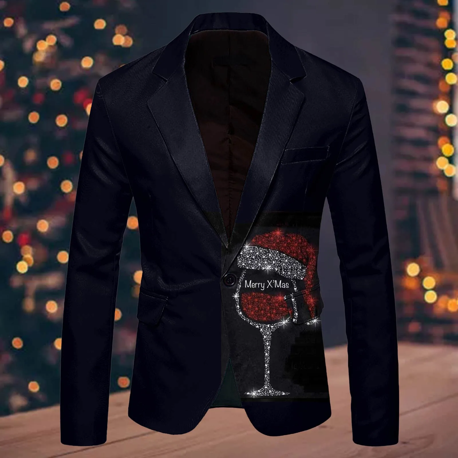 Men\'S Single One Button Christmas Printed Casual Suit Jacket Fashionable Mens Fashion Leisure Christmas Printed Pocket Suit