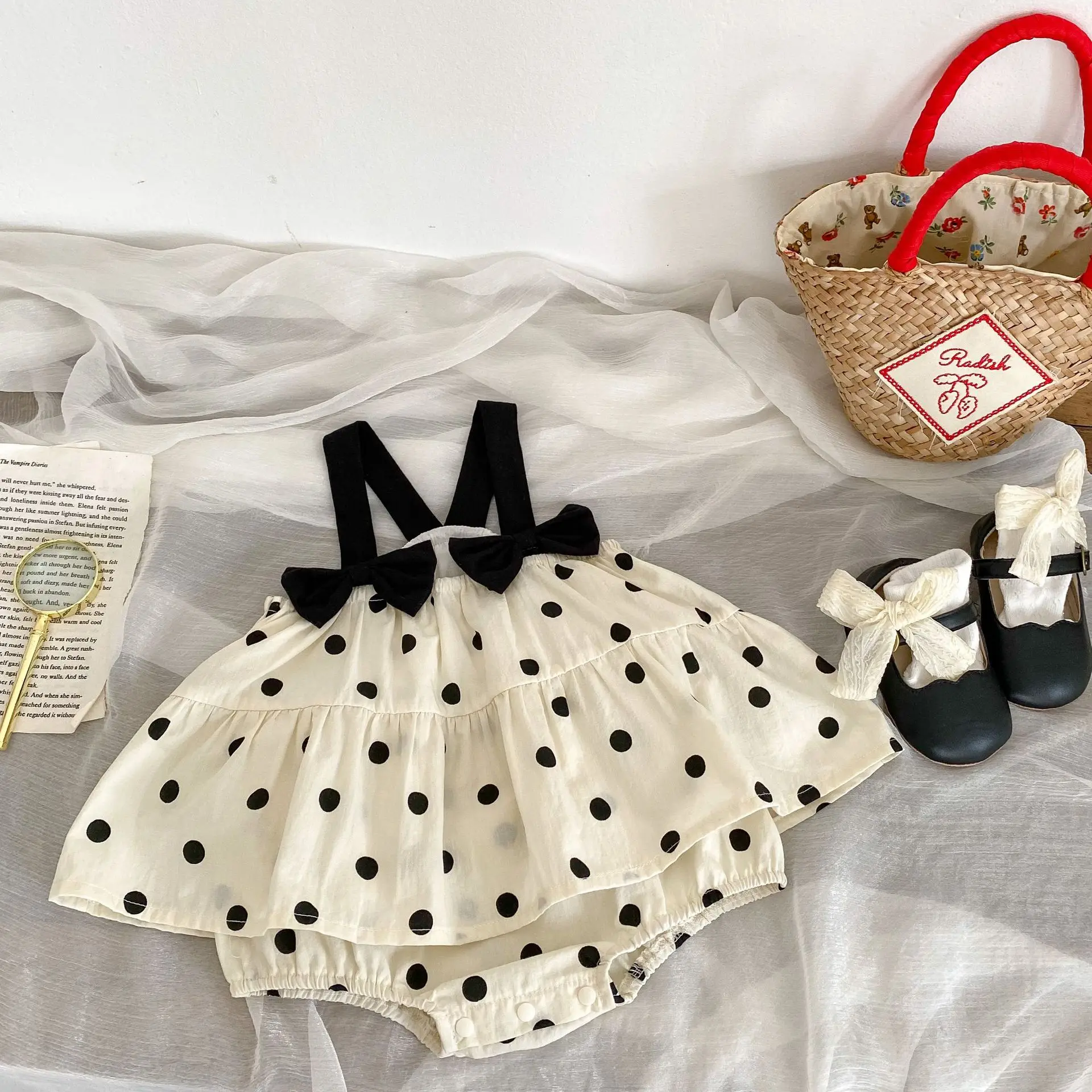 2026 Summer New Baby Girl Sleeveless Bow Strap Bodysuit Dress Infant Girl Polka Dot Jumpsuit Cotton Newborn Clothes 0-24M
