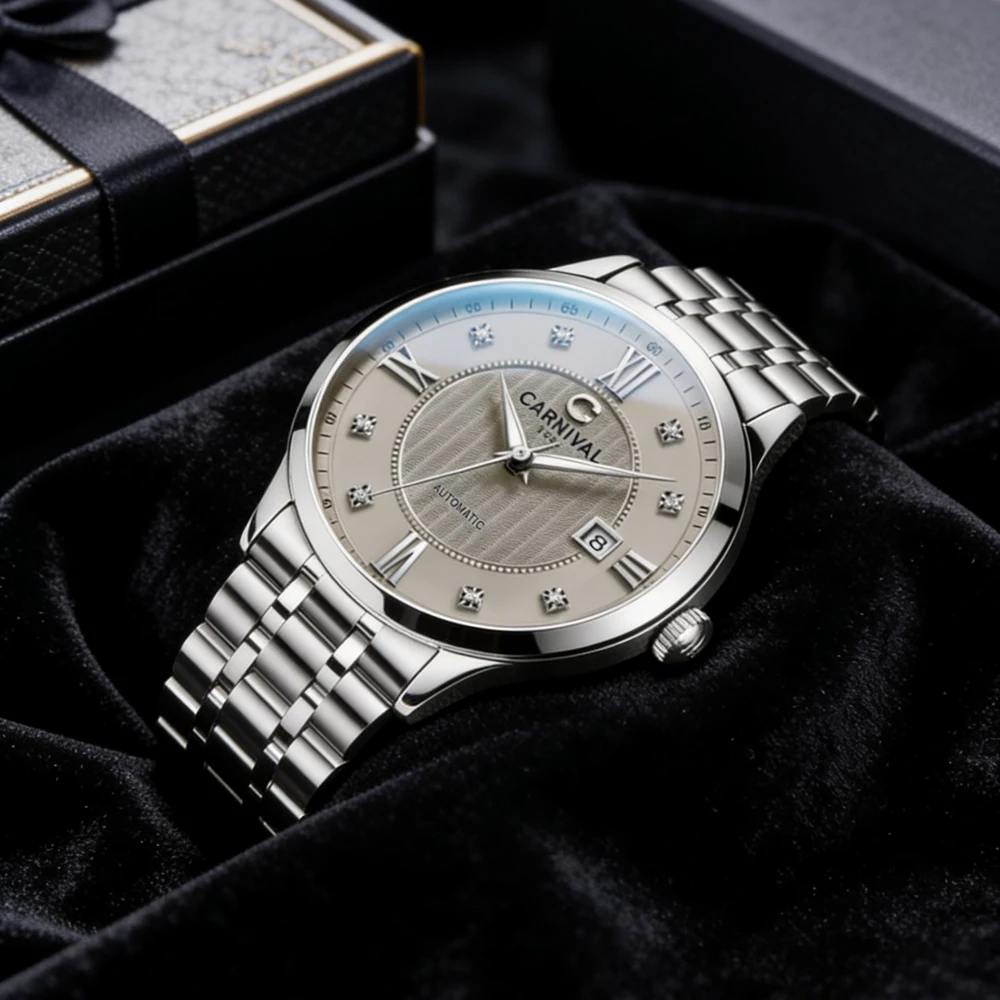 CARNIVAL Luxury Automatic Watch for Men Grey Wave Texture Dial Date Window Luminous Waterproof Mens Wrist Watch MIYOTA Movement