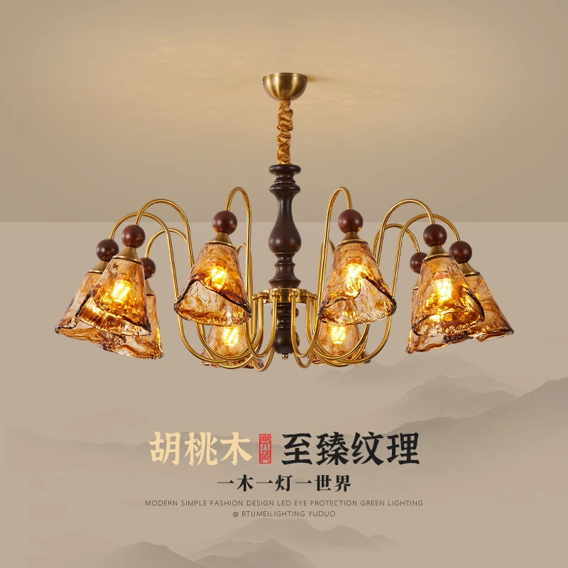 ثريا غرفة المعيشة الفرنسية، ضوء قلادة جديد من الخشب الصلب لغرفة النوم الرئيسية وغرفة الطعام، تركيبات زجاجية