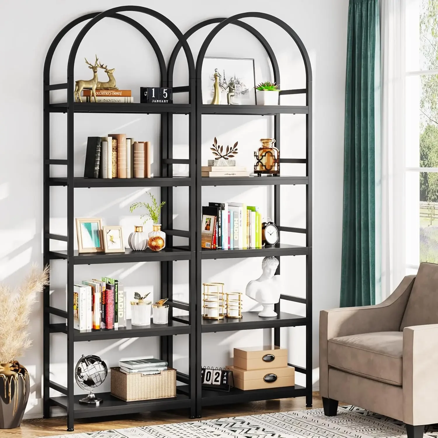 

Open Bookshelf Set of 2, Wood Bookcase Storage Shelves with Metal Frame,