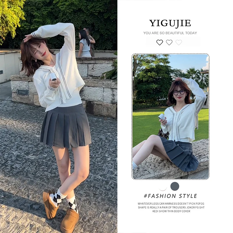 

Корейский зимний наряд, женский облегающий вязаный топ с высокой талией, плиссированная юбка, комплект из двух предметов