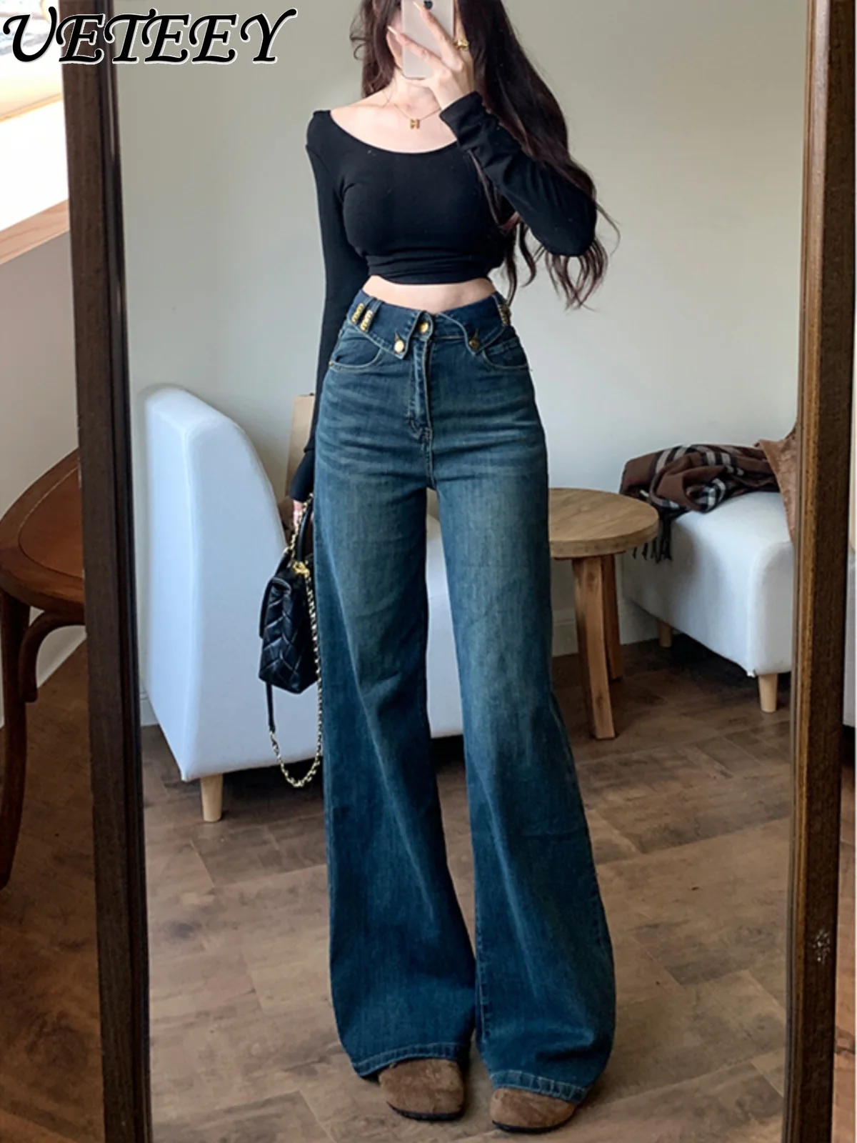 Design Flanged High-waisted Velvet Slightly Pulled Jeans Women's Spring and Autumn New Thin Versatile Wide-leg Trousers