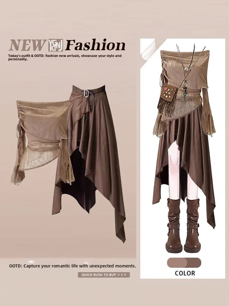 Set Dua Potong Rok Asimetris Pinggang Tinggi Awal Musim Gugur dan Atasan Panjang Satu Bahu untuk Wanita, Pakaian Kasual Modis