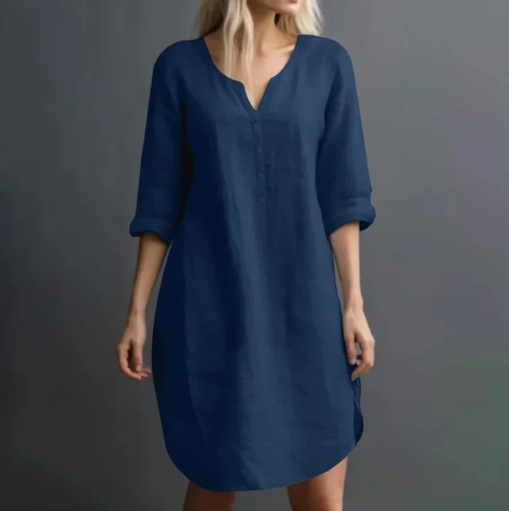 Frauen Hemd Kleid 2024, Sommer Vestidos Casual V-ausschnitt 3/4 Hülse Lose Einfarbig Knie-länge Sommerkleid Vintage Robe femme