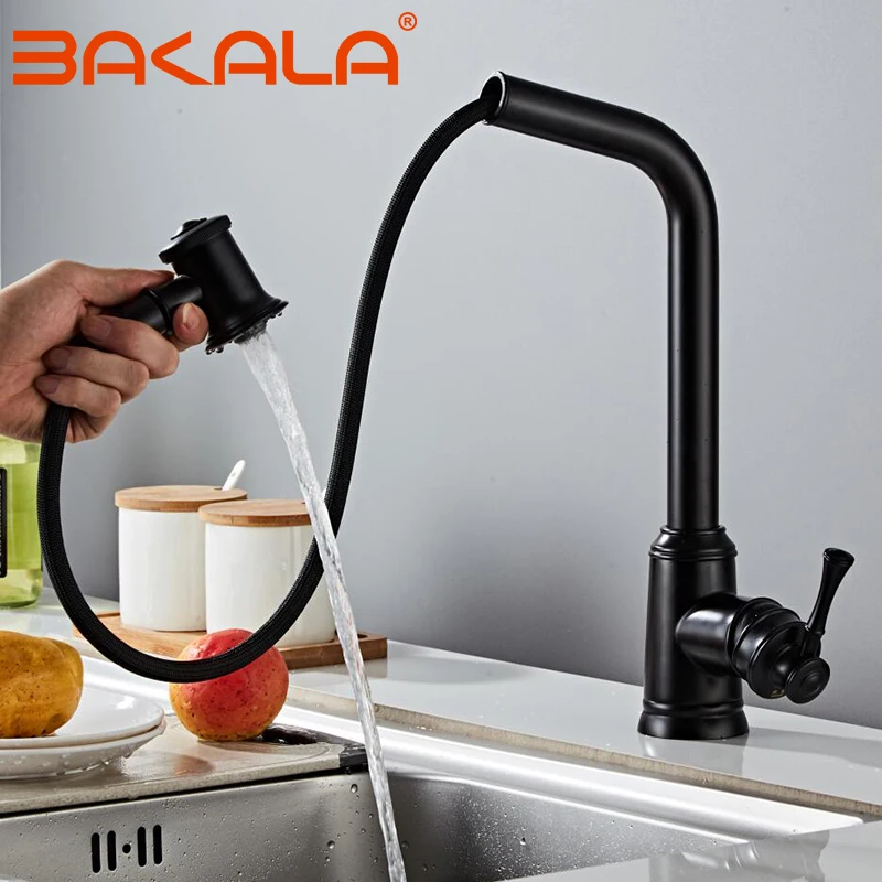 BAKALA Kitchen Faucet Blacked Single Handle Pull Down White Kitchen Tap Single Hole 360 Degree black Faucets Water Mixer Tap