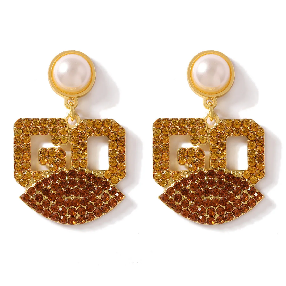 Pendientes creativos con forma de labios con letras GO en inglés y pedrería exagerada, pendientes sencillos y versátiles con imitación de perlas.