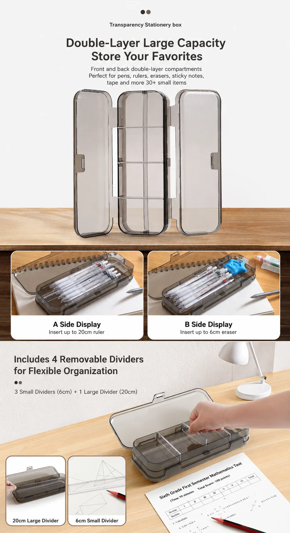 Customizable Patterns, Text, and Logos. Transparent Stationery Storage Box, a Must-Have for the Back-To-School Season. 3-Layer Storage with Large Capacity, Includes 4 Detachable Style Rulers