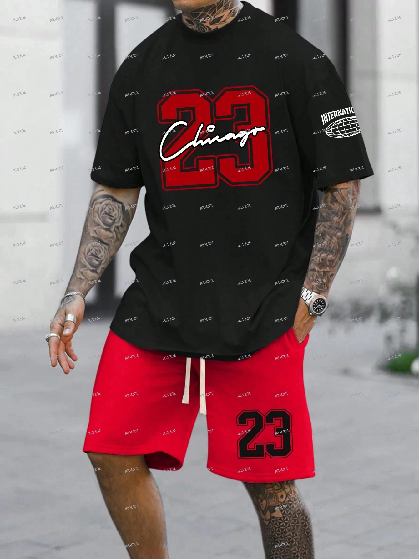 

Men's NO.23 Print Short Sleeve T-Shirt And Drawstring Pocket Casual Round Neck Women's T-shirt Shorts Sport Set 2pcs