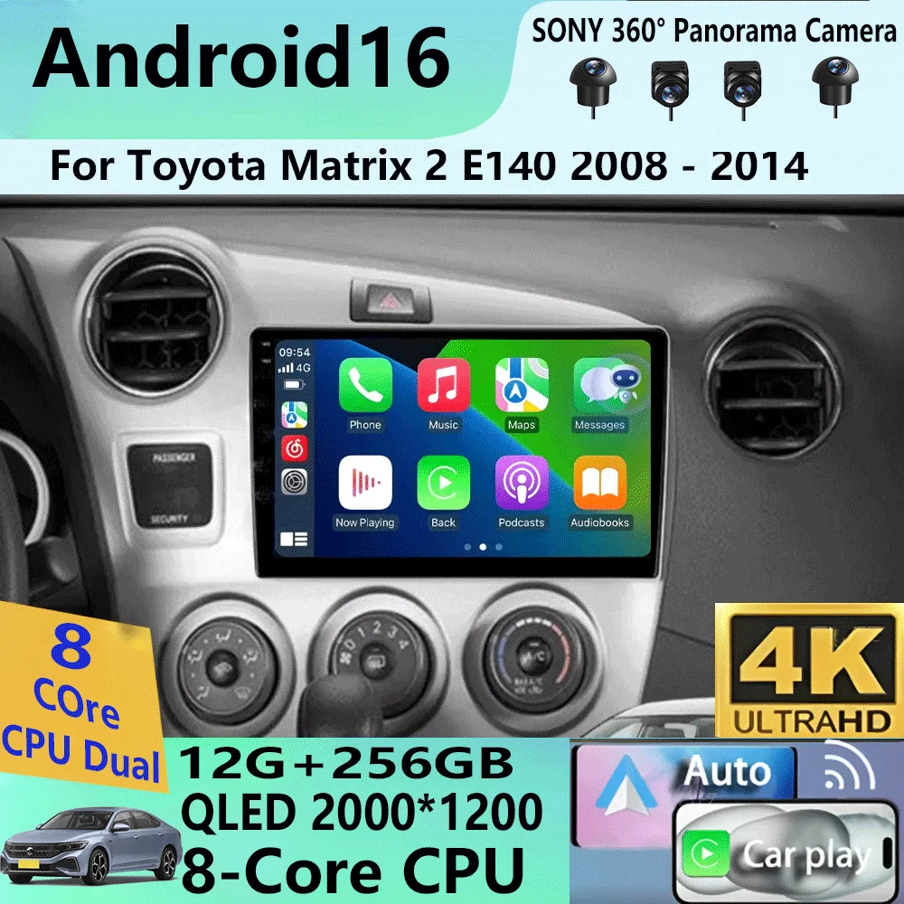 Radio para Auto con Android 16 y Carplay para Toyota Matrix 2 E140 2008 2009 2010 2011 2012 2013 2014 Reproductor Multimedia Navegación GPS