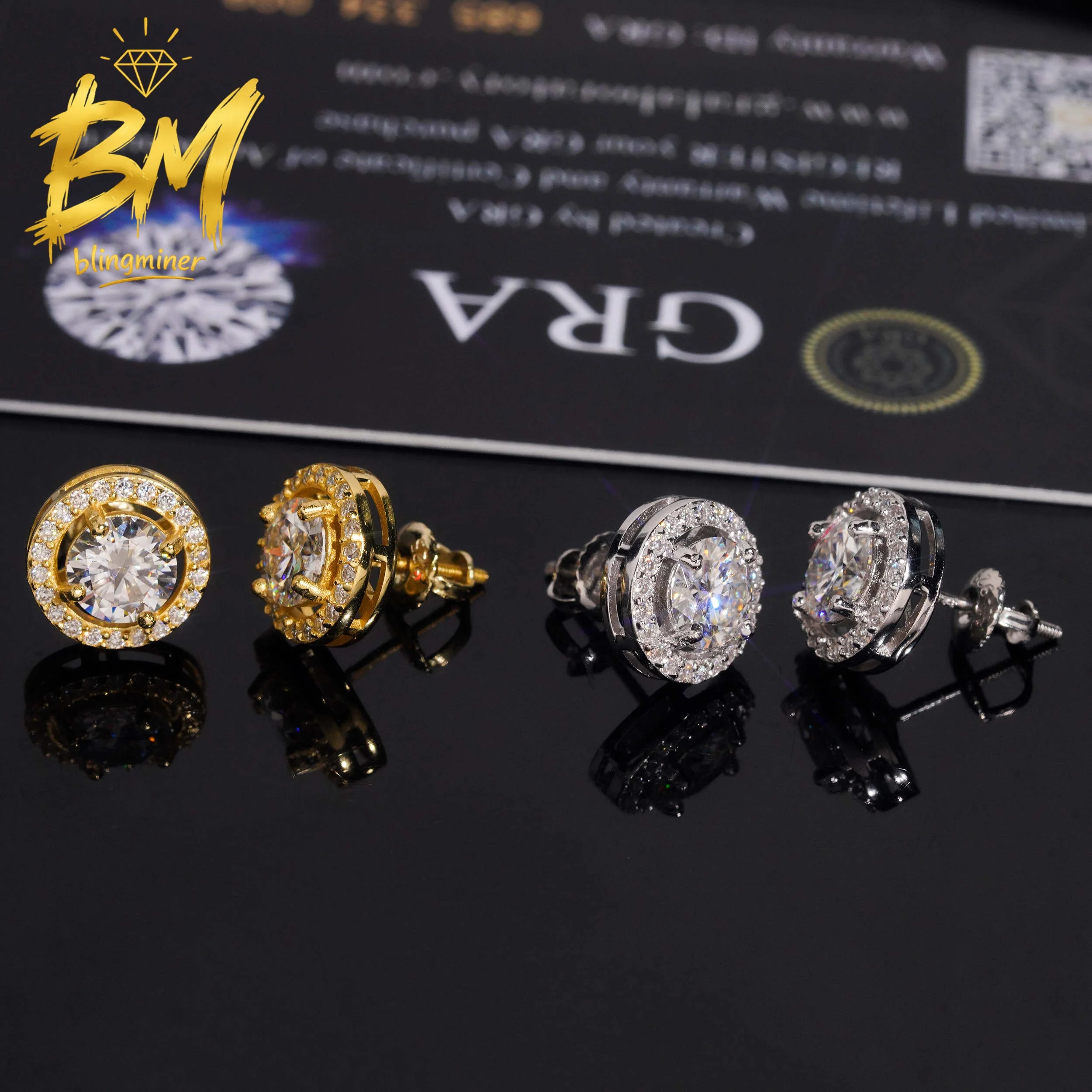 Blingminer  Hip Hop 12mm S925 Silver VVS Moissanite Earrings For Men Women Ear Studs Jewelry Pass Diamonds Tester GRA Free Shipp