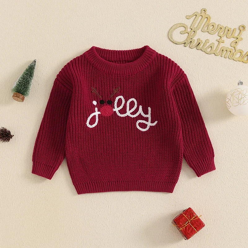 Baby Boys Girls Christmas Sweaters Newborn Reindeer Letter Embroidery Warm Pullover Knitwear Jumpers Tops