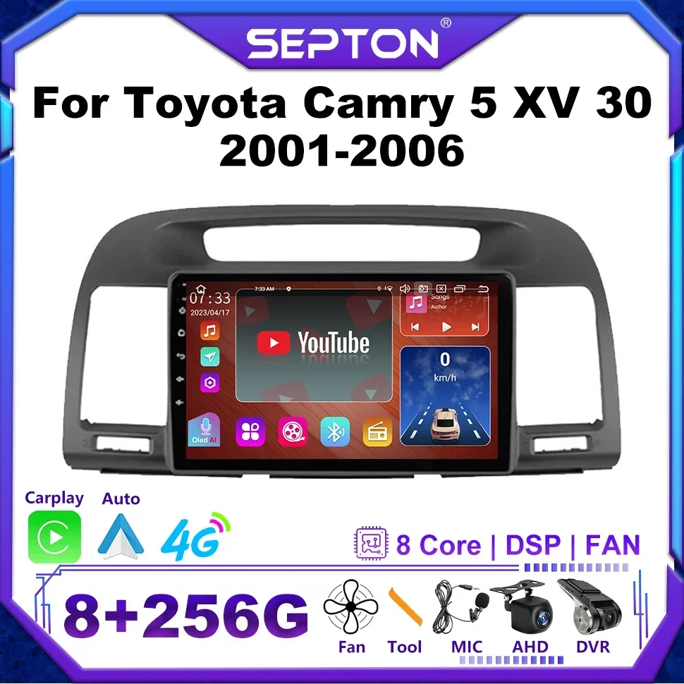 SEPTON  8+128G Android12 Car Radio for Toyota Camry 5 XV 30 2001-2006 Multimedia Player Stereos 4G Wifi Carplay Android Auto GPS