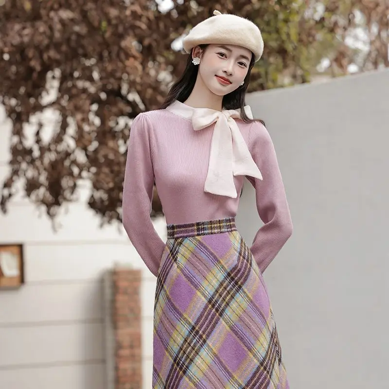 

Women Spring Autumn Vintage Graceful Bowknot Sweater Plaid Skirts 1 or Two Piece Set Lady Retro Knit Tops High Waist Skirt Suits